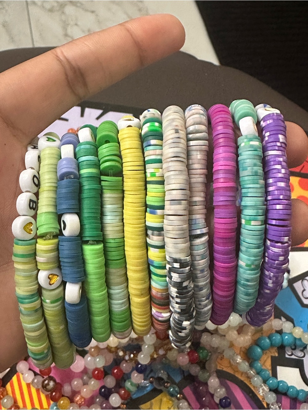 Kids Multicolor Heishi Disc Stretch Bracelet Set - Green, Yellow, Blue, Purple